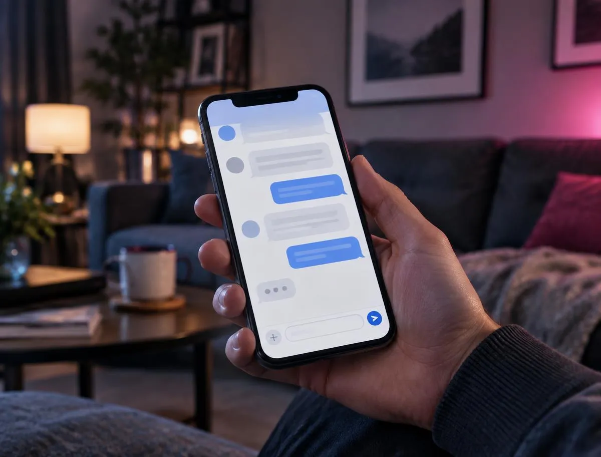 Hand holding a smartphone showing a text chat conversation in a living room