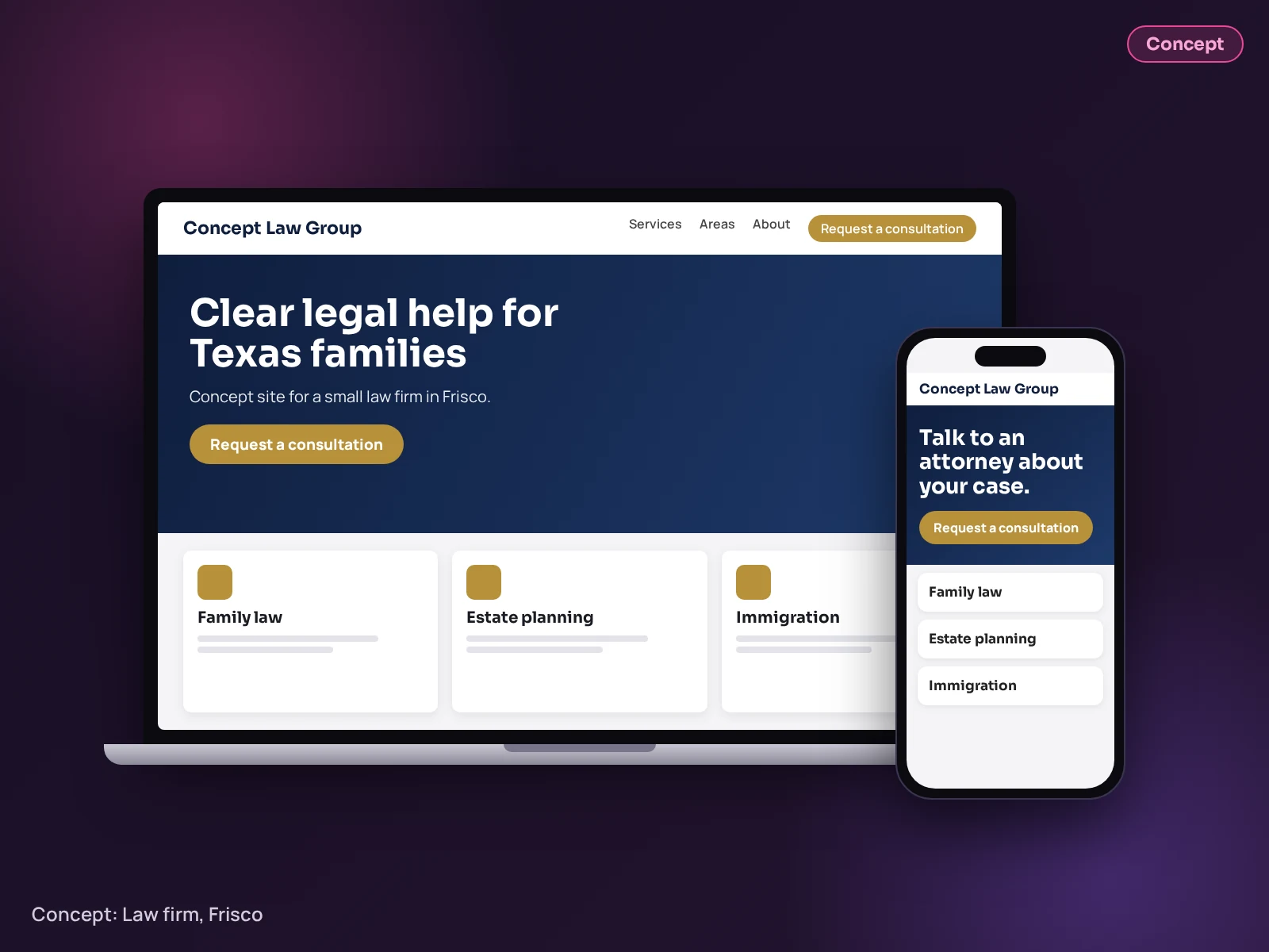 Concept example (not client work): Law firm website on desktop and mobile design by Inspire Technologies