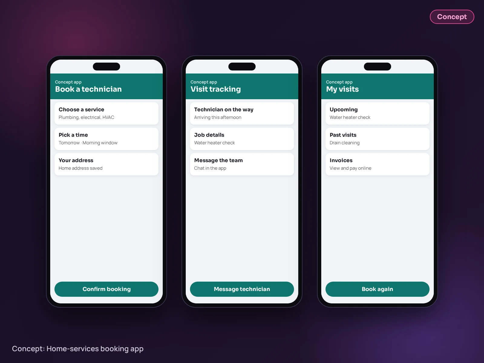 Concept example (not client work): Home-services booking app screens design by Inspire Technologies