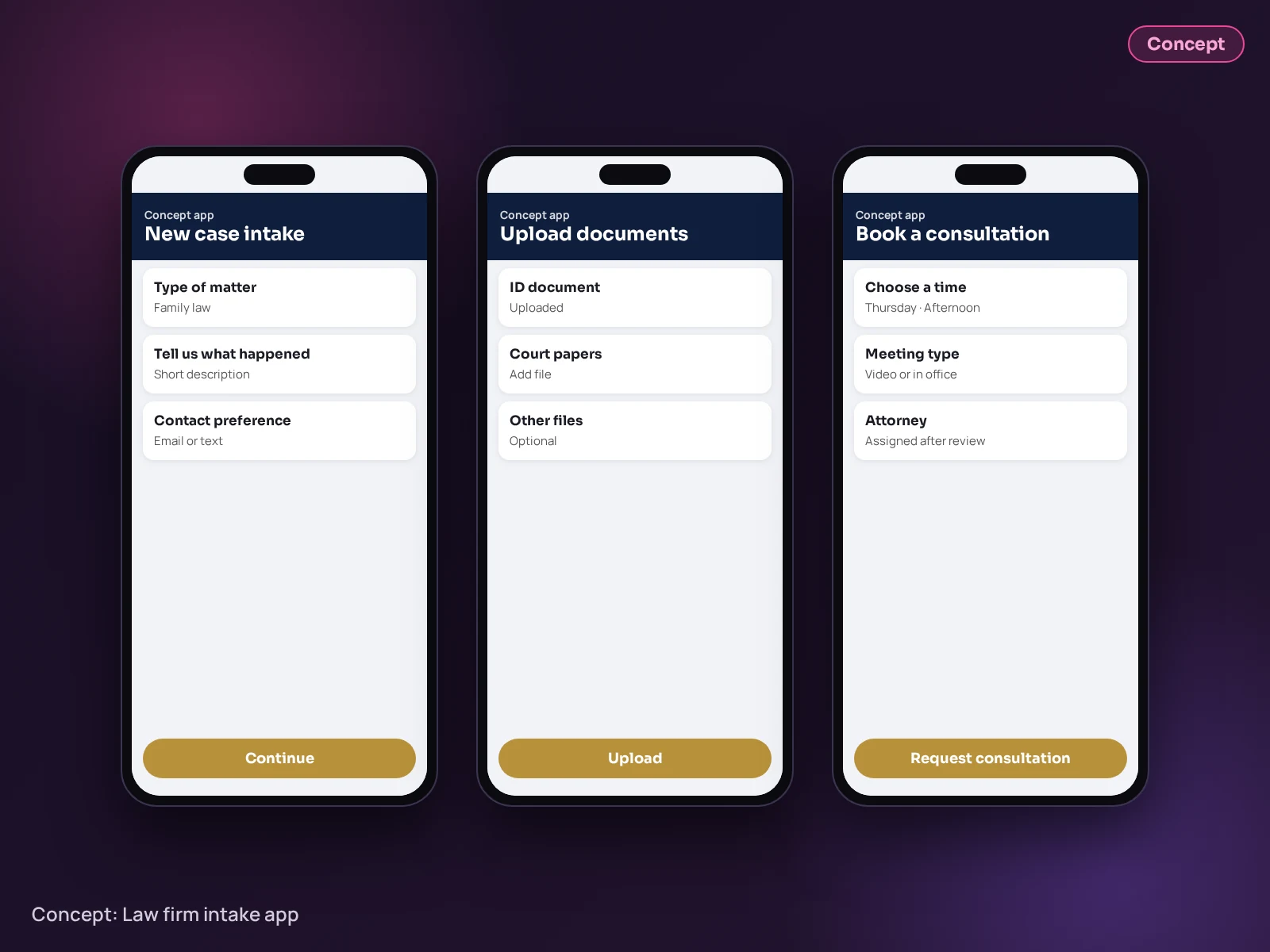 Concept example (not client work): Law firm intake app screens design by Inspire Technologies