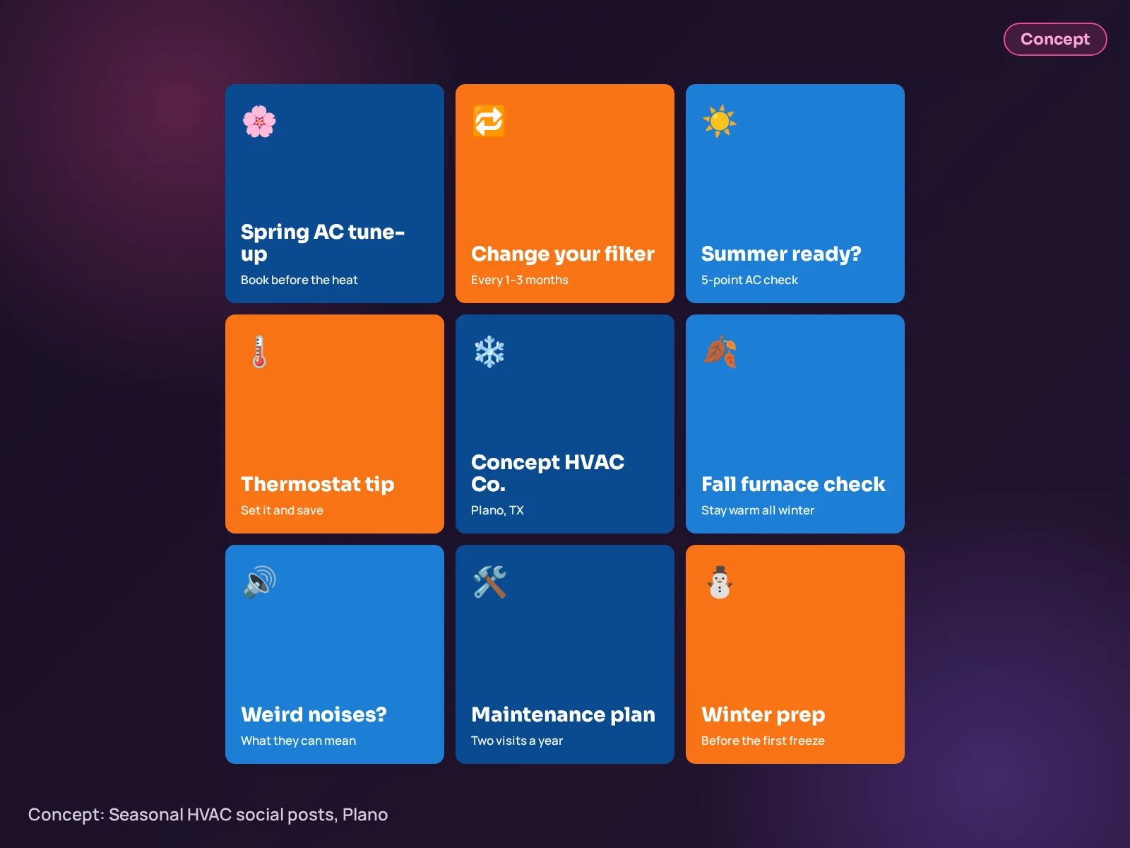Concept example (not client work): Seasonal HVAC social media post set design by Inspire Technologies