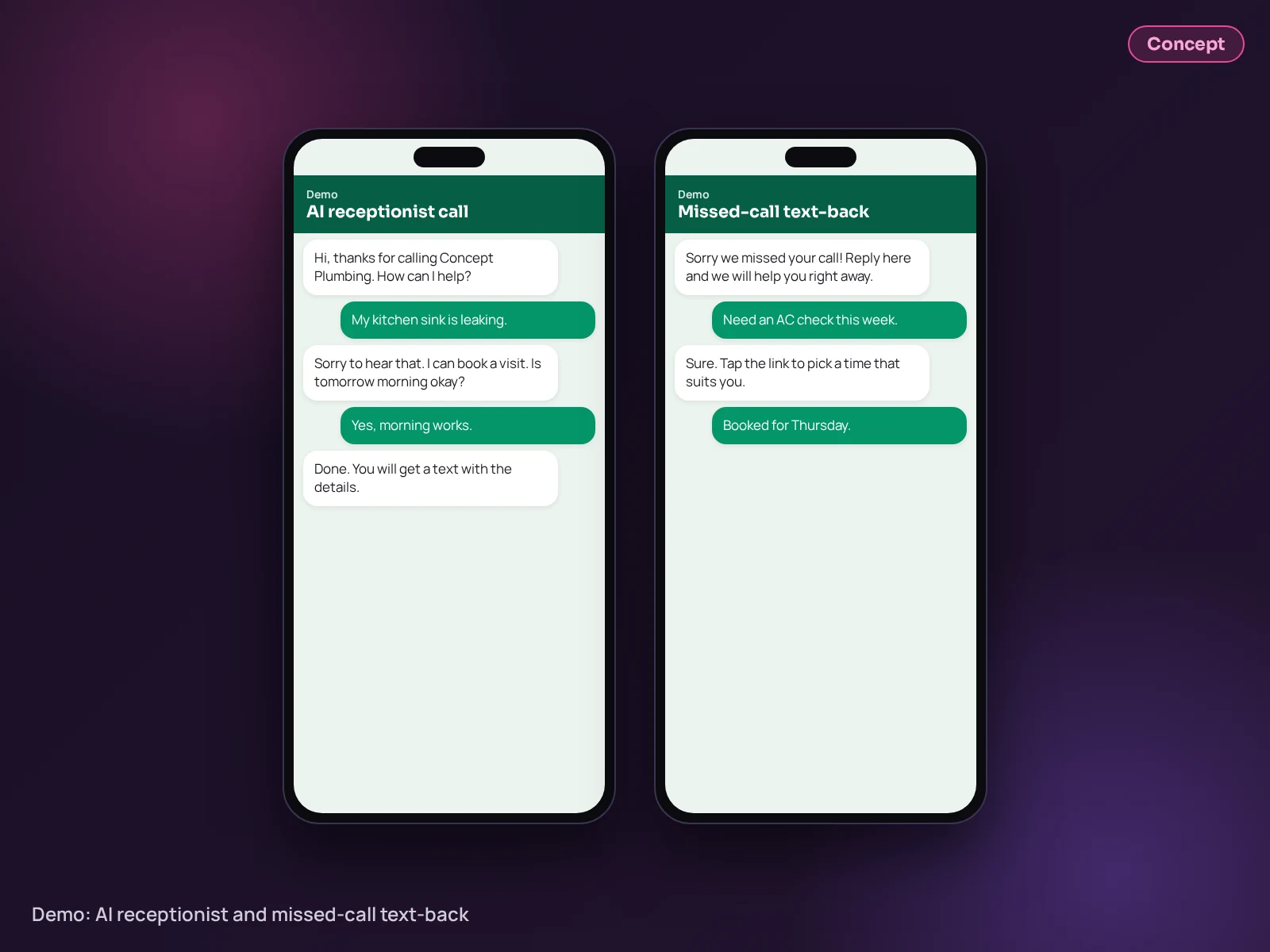 Concept example (not client work): AI receptionist demo on a phone design by Inspire Technologies