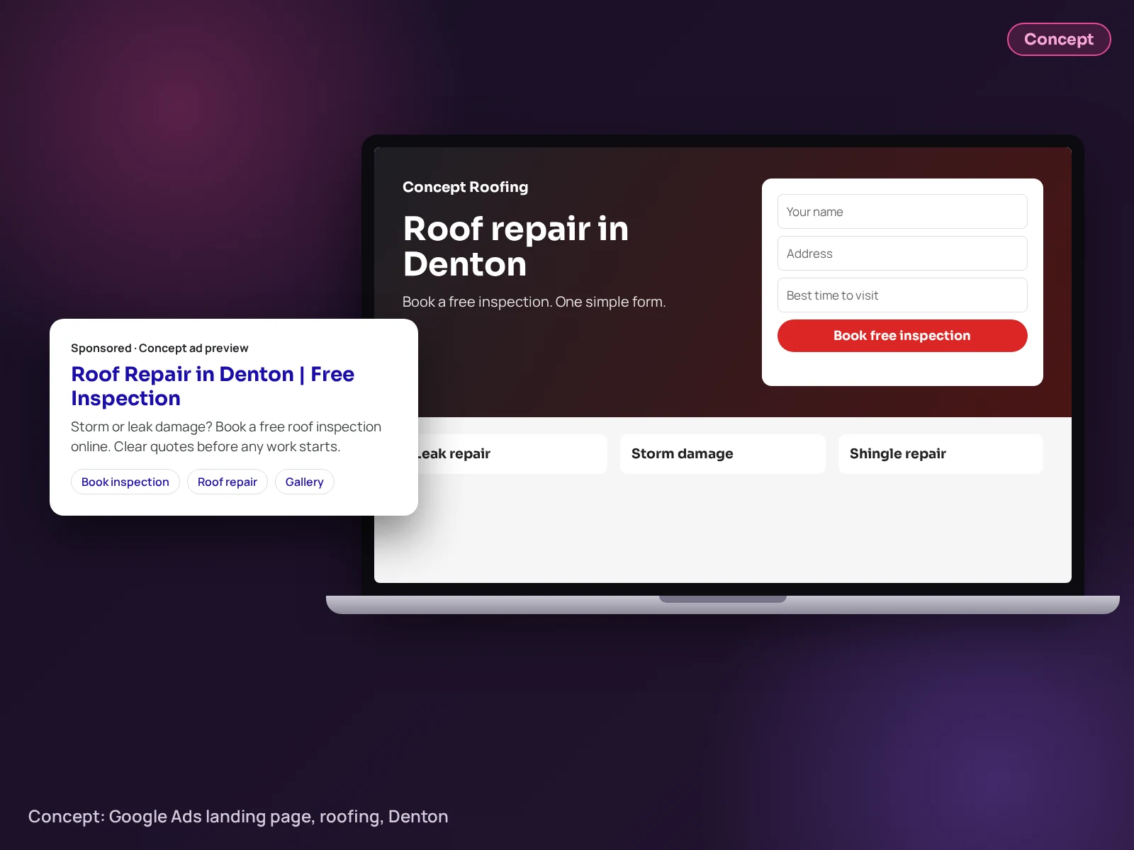 Concept example (not client work): Roof repair landing page design by Inspire Technologies