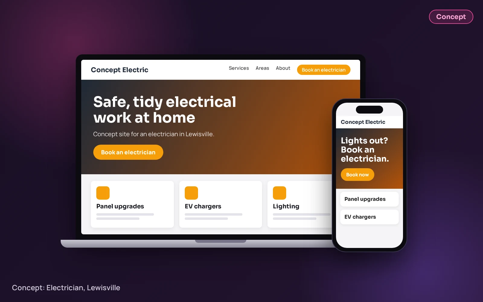 Concept example (not client work): Electrician website with booking, featured concept design by Inspire Technologies