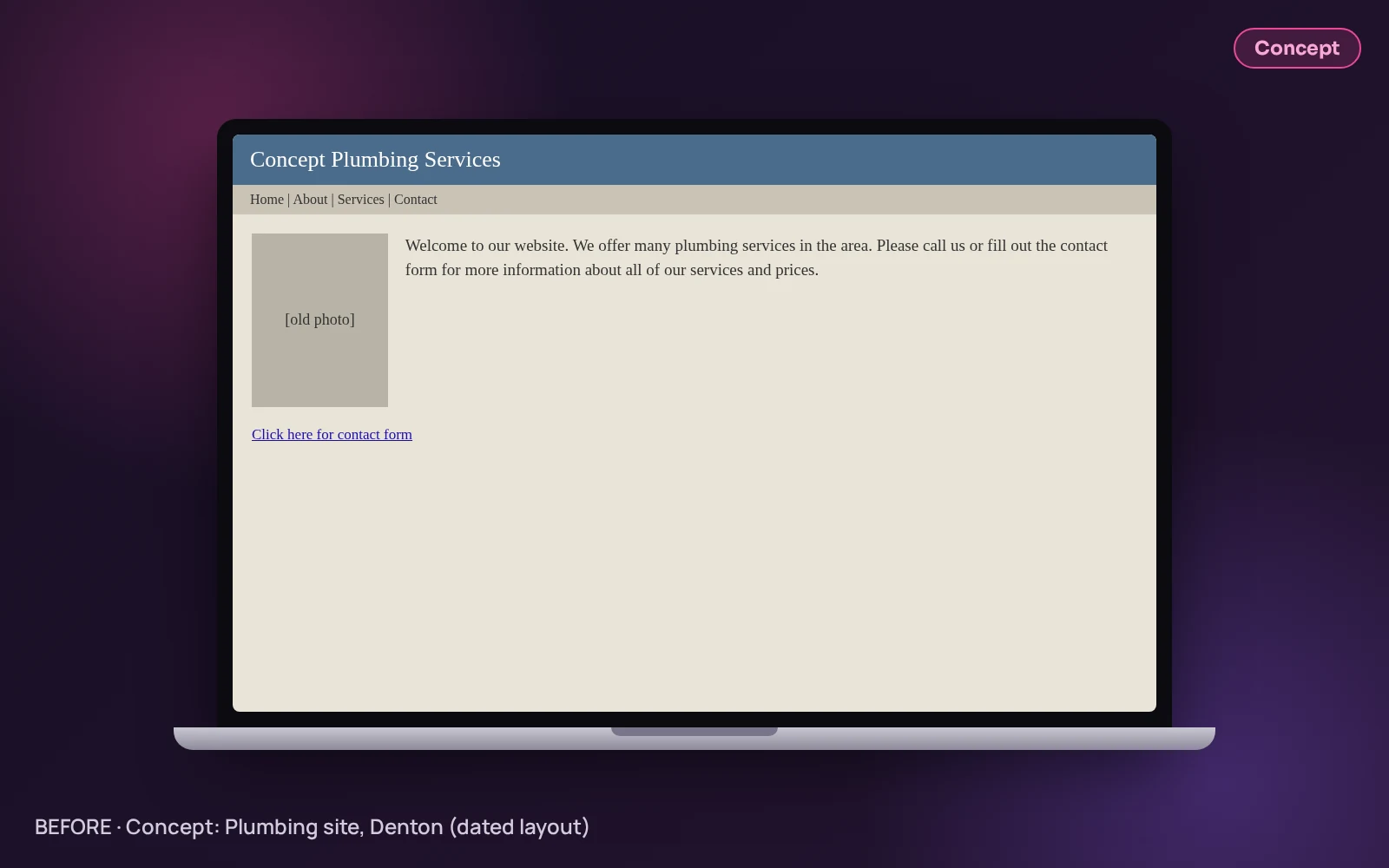 Concept example (not client work): Plumbing website before redesign design by Inspire Technologies