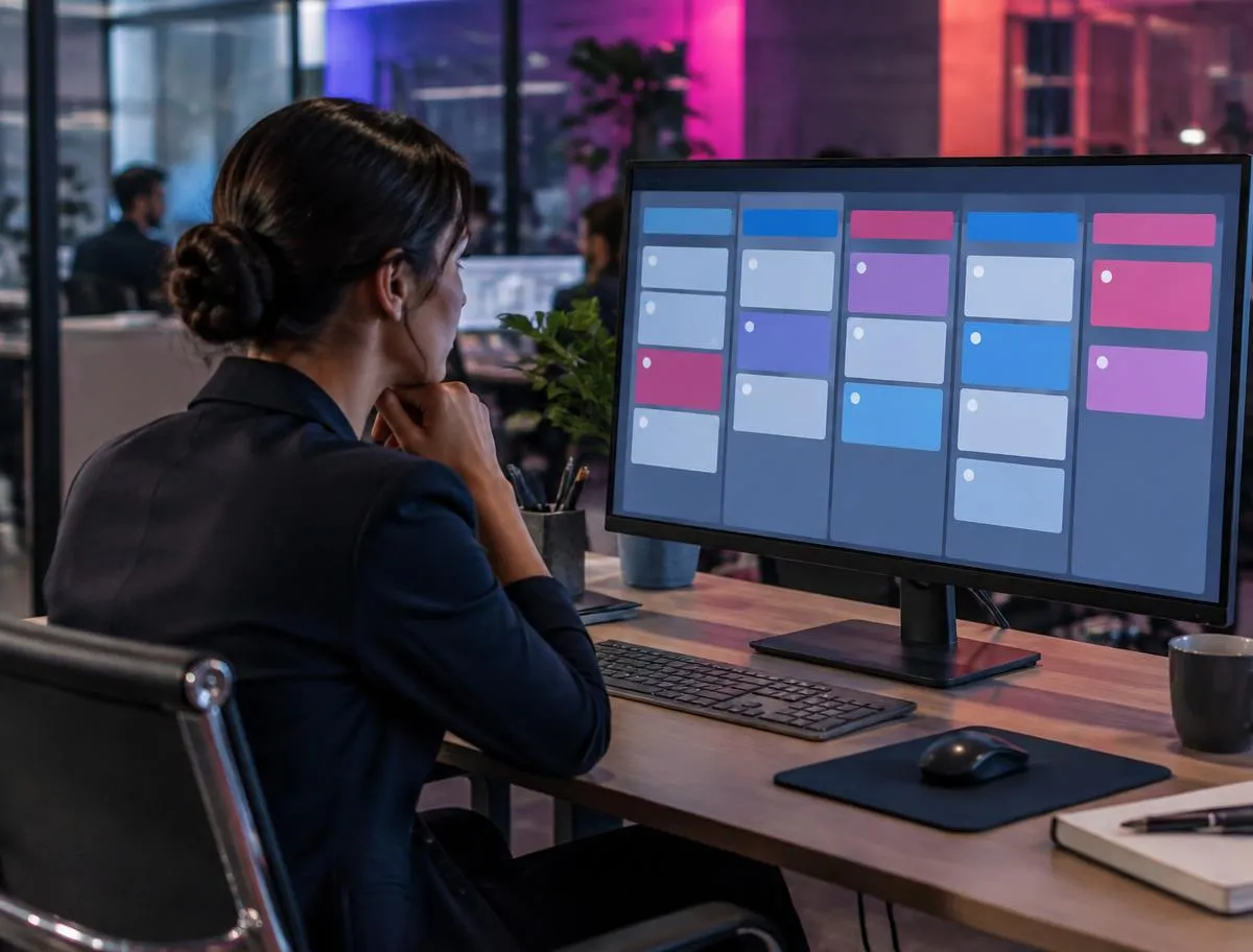 Woman at an office desk reviewing a color-coded CRM pipeline board on a monitor