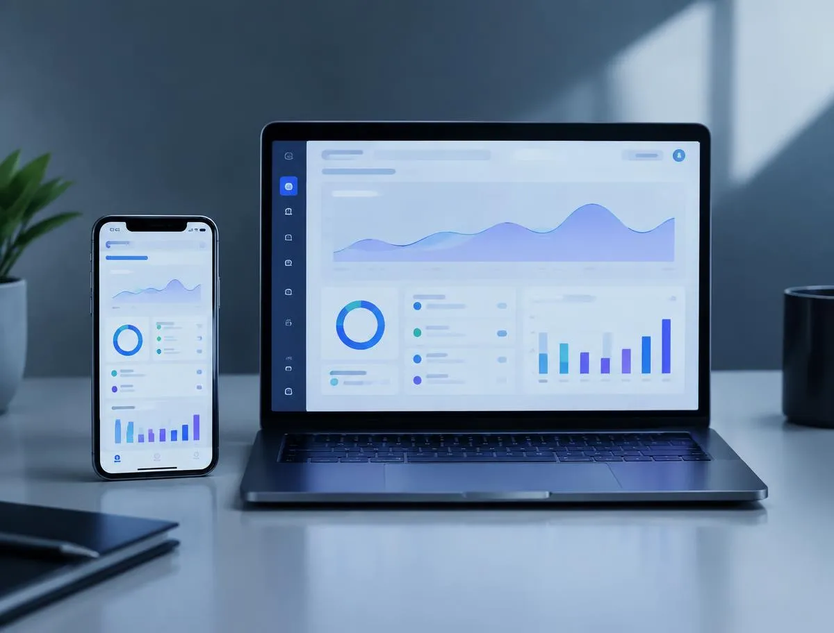 Laptop and smartphone showing the same analytics dashboard app