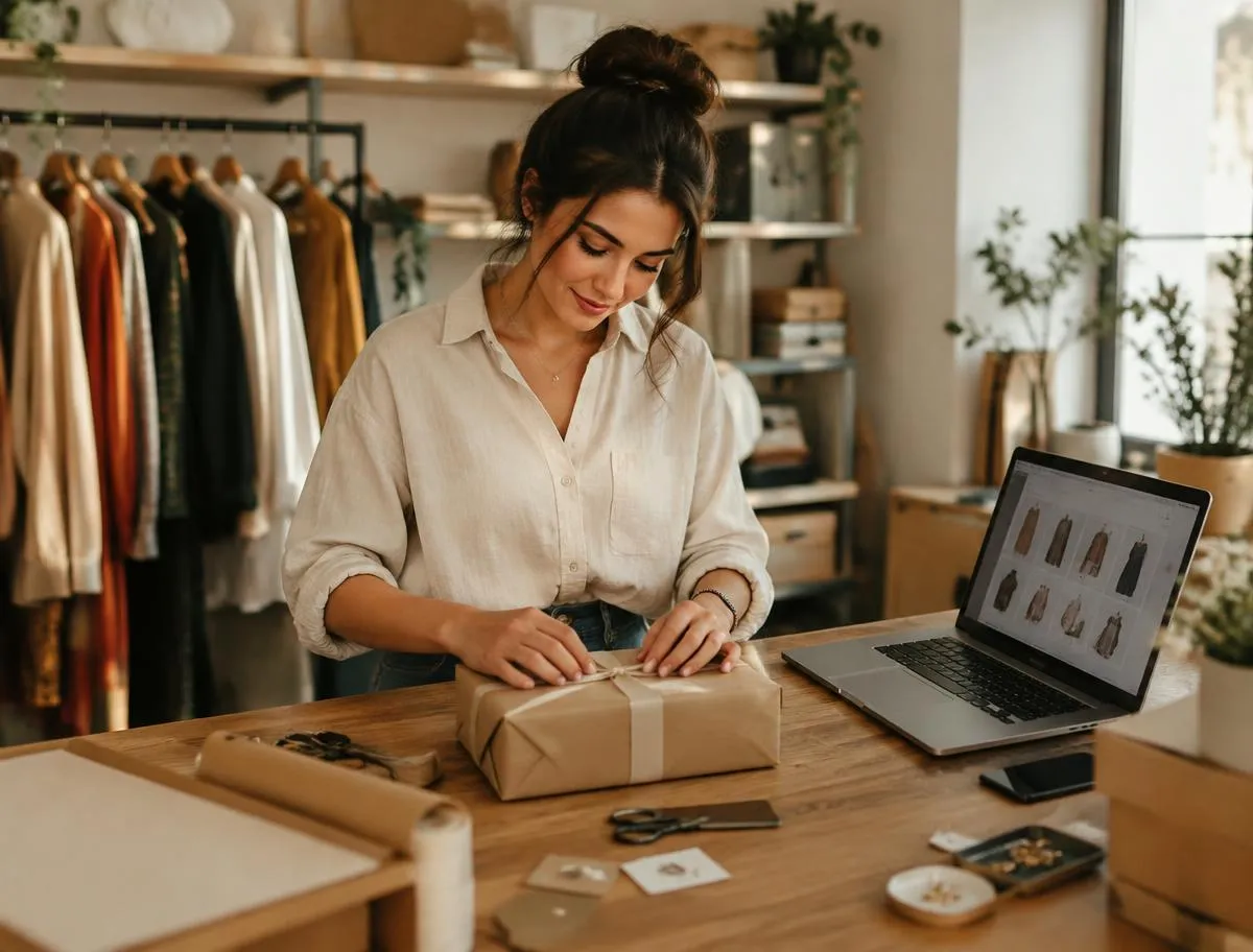Small boutique owner packing an online order beside a laptop showing her store