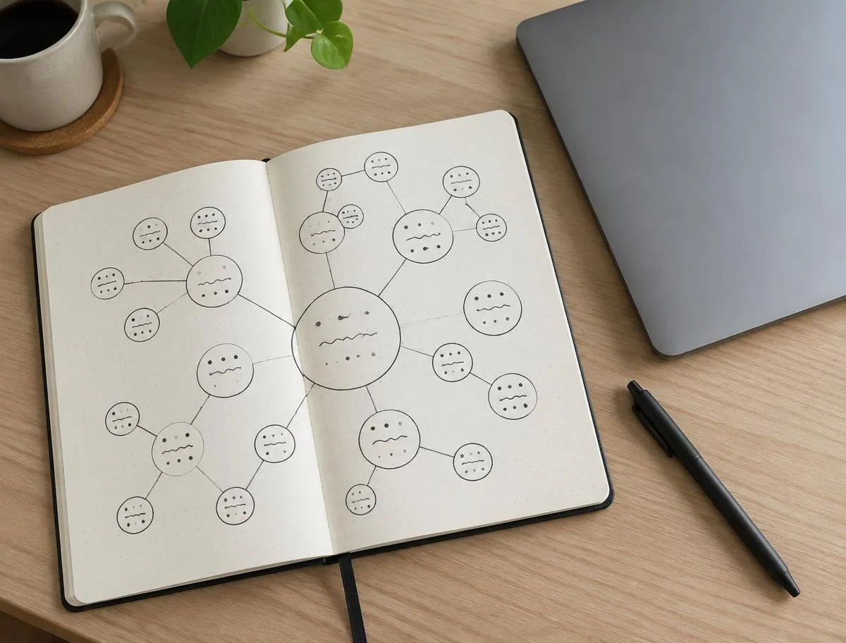 Notebook open to a hand-drawn keyword mind map next to a laptop