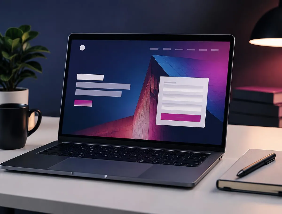 Laptop on a desk displaying a landing page with a contact form