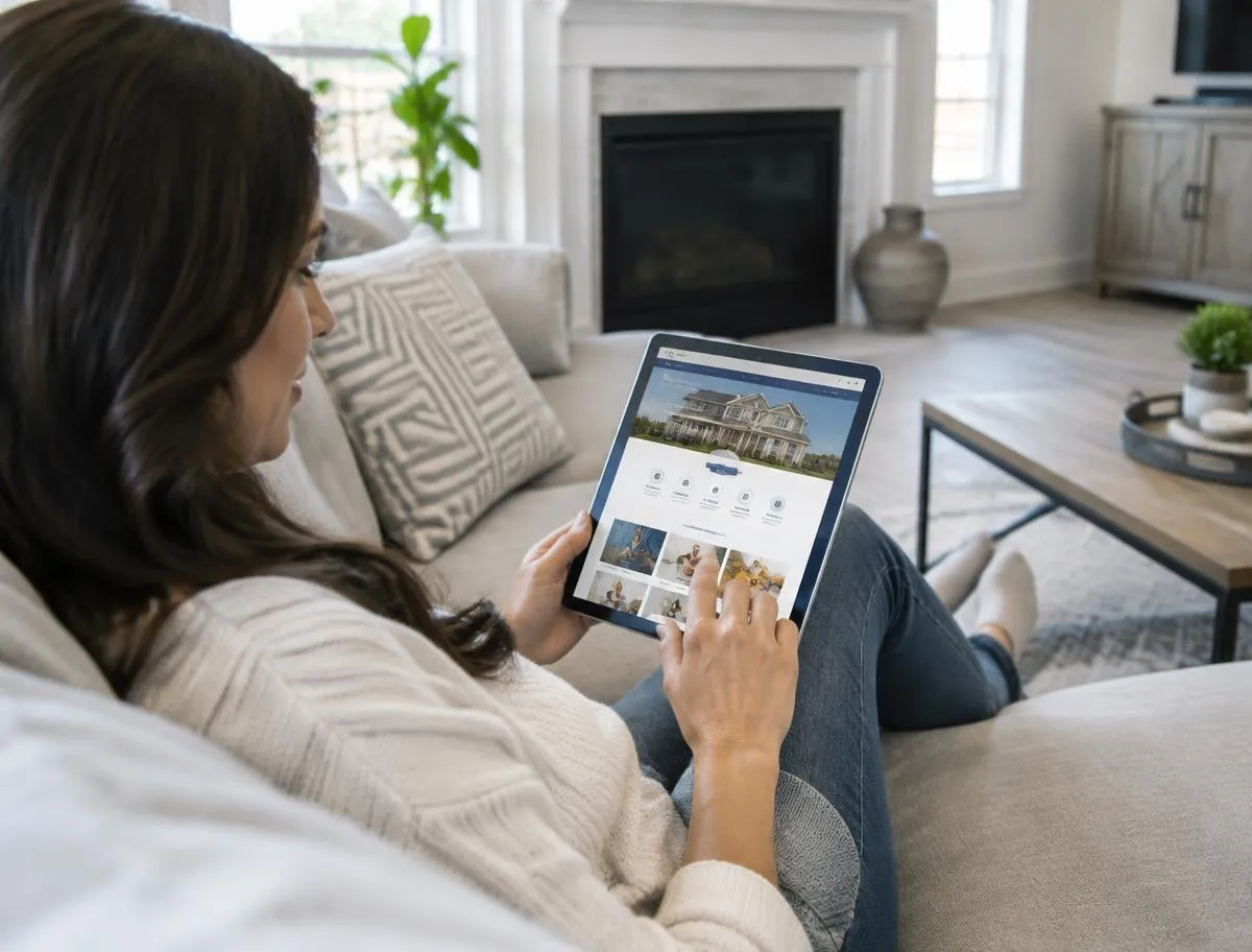 Homeowner on a couch browsing a local business website on a tablet