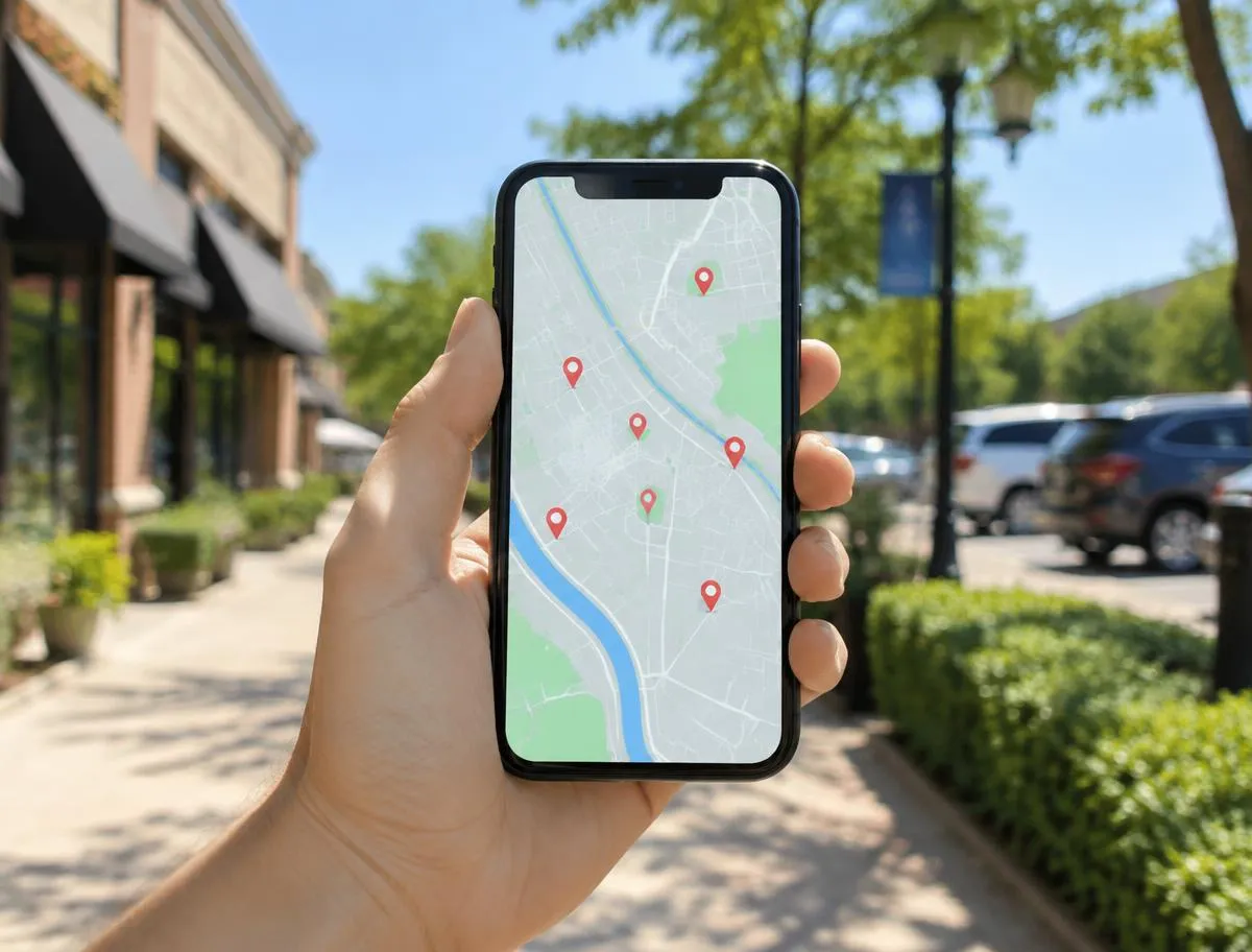 Hand holding a phone with a map of local business pins on a downtown sidewalk
