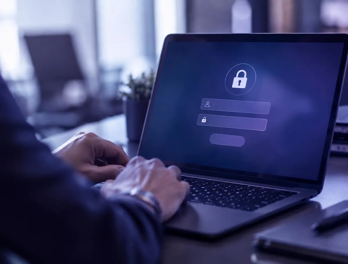 Person typing on a laptop showing a secure login screen with a padlock icon