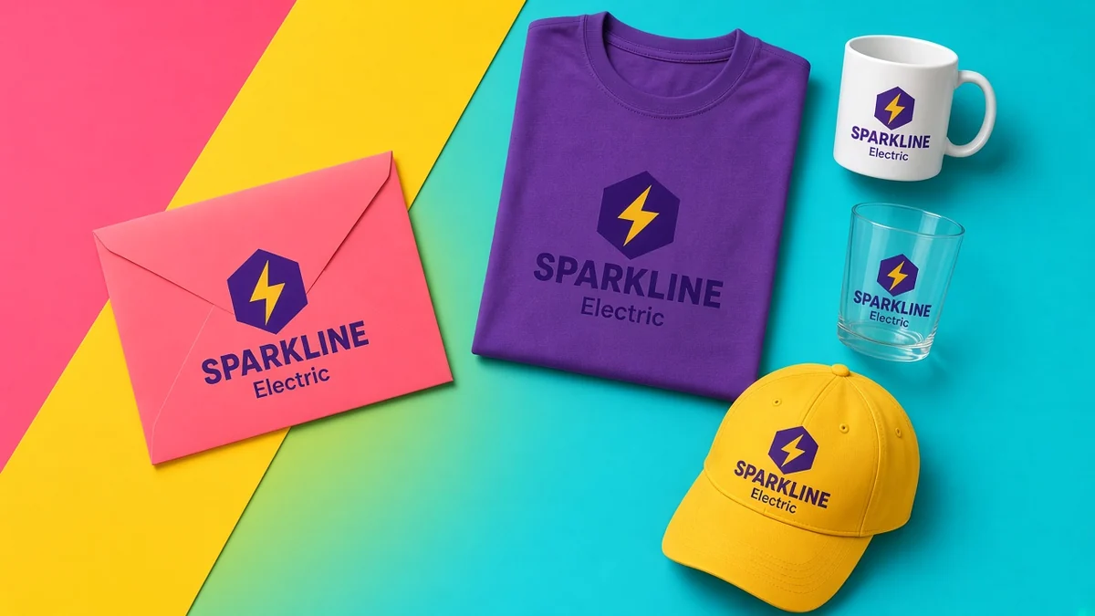 Sample logo design applied across an envelope, T-shirt, mug, glass and cap