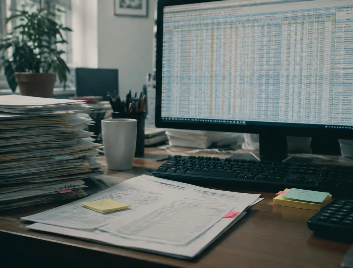Desk piled with paperwork and binders beside a spreadsheet on a monitor