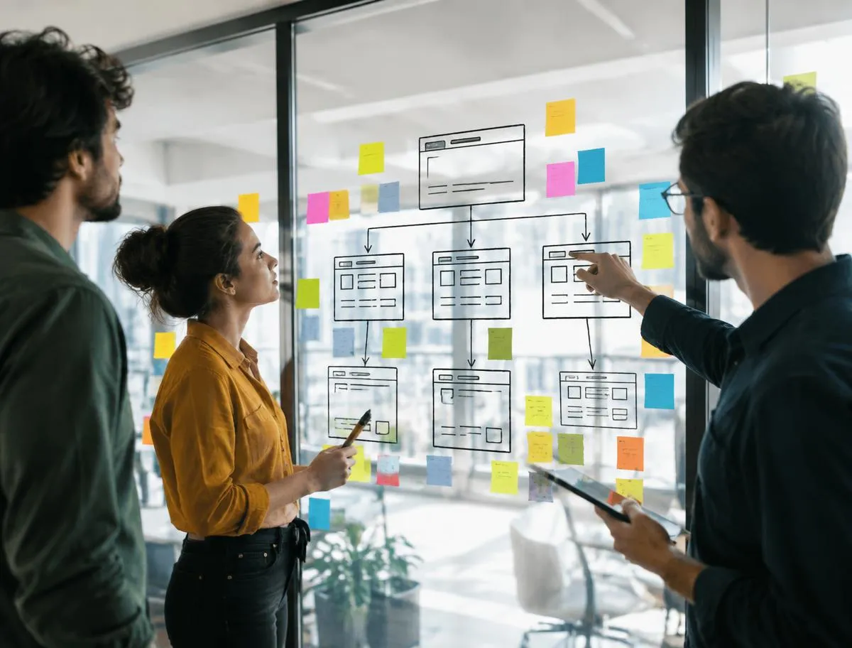 Team planning a website layout with sticky notes and wireframes on a glass wall