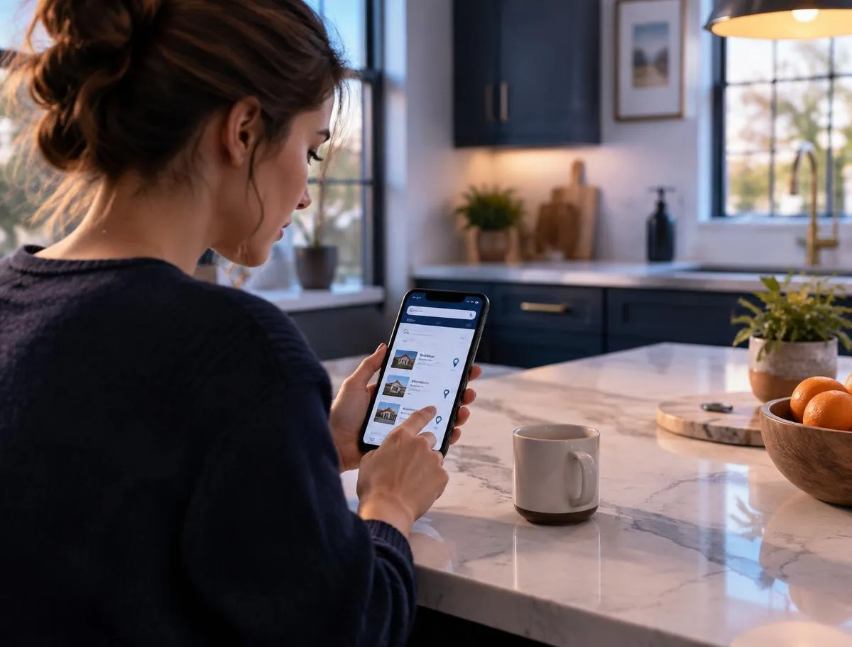 Woman in a kitchen tapping a search ad on her smartphone