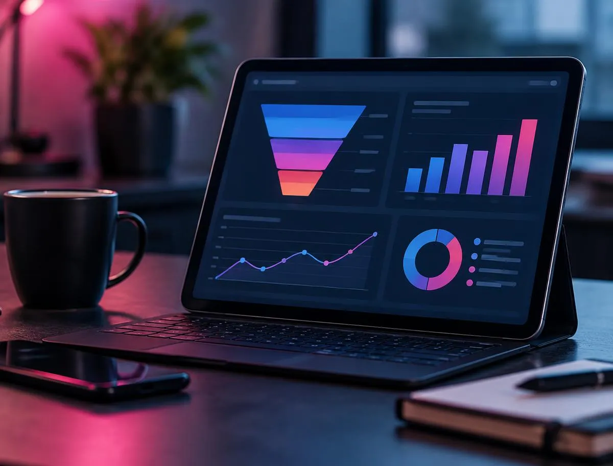 Tablet showing a marketing report dashboard with a funnel, bar chart and line graph