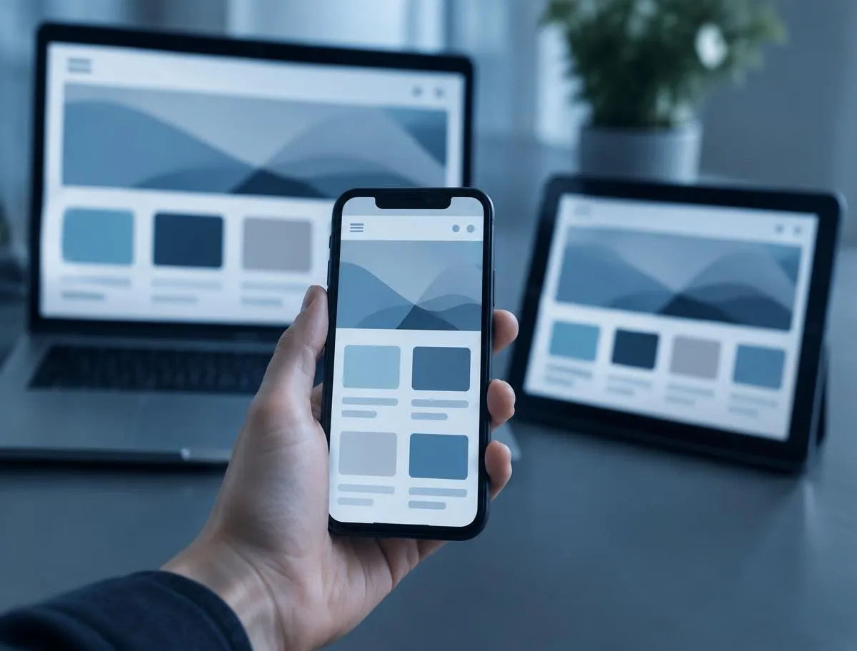 Website design shown responsive on a laptop, tablet and smartphone