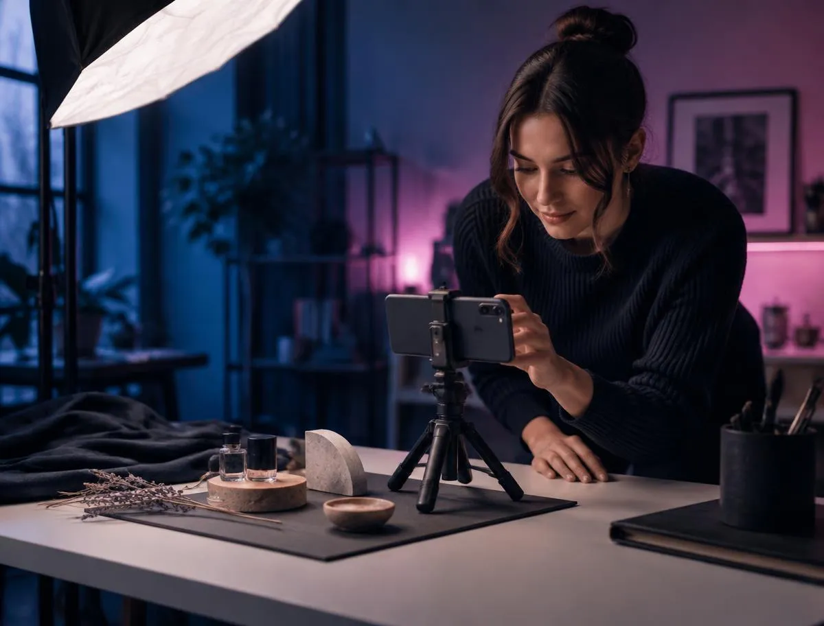 Content creator filming a product on a phone tripod for social media