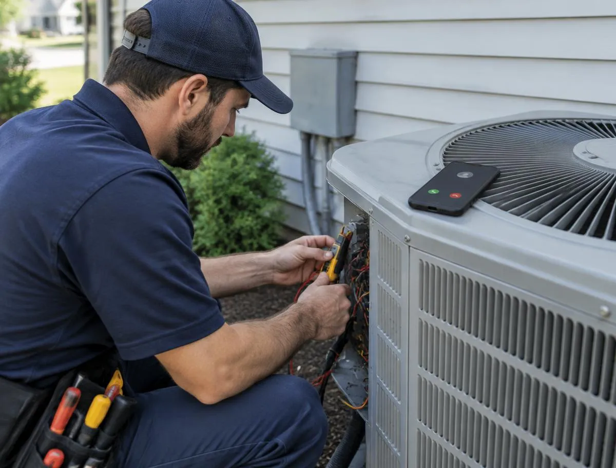 HVAC technician repairing an outdoor AC unit while a phone call comes in on his phone
