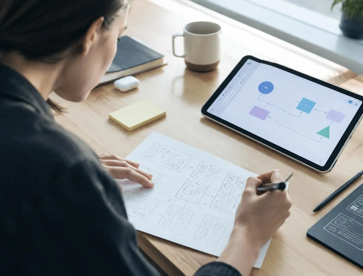 Designer sketching app wireframes on paper next to a tablet mockup