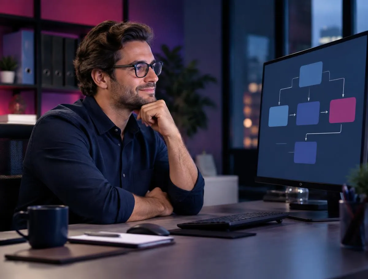 Man at a desk reviewing an automated workflow diagram on a computer monitor